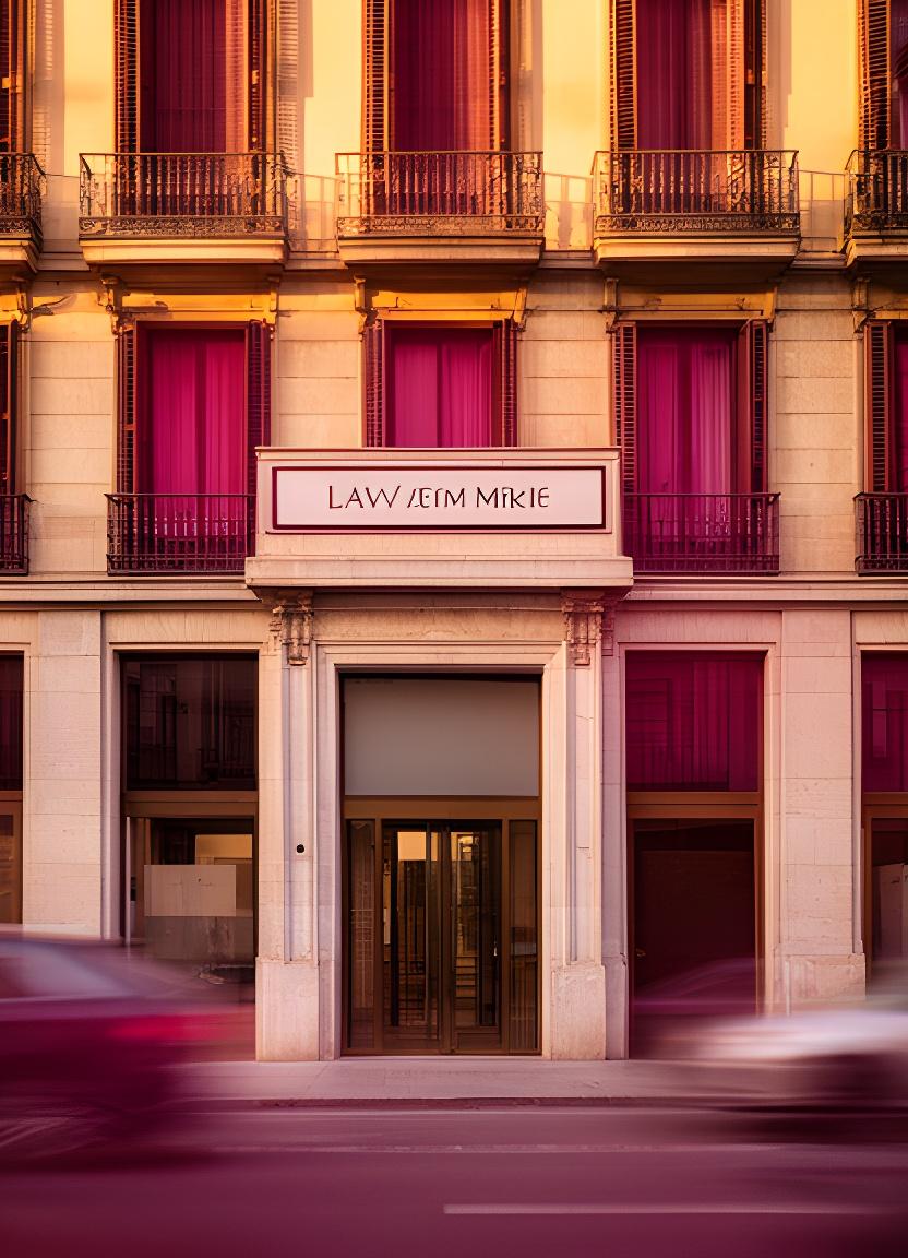 Fachada elegante de un despacho de abogados en la zona de Azca, Madrid, con luz de tarde y ambiente profesional